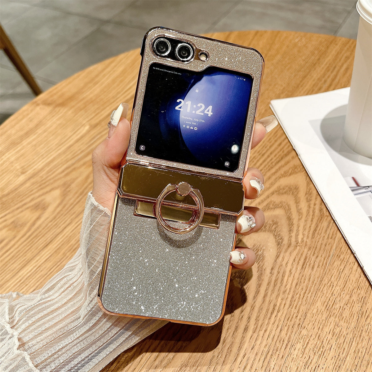For Samsung Galaxy Z Flip5 5G / Z Flip6 5G Glitter Design Hard PC Phone Cover with Ring Kickstand For Samsung Galaxy Z Flip5 5G / Z Flip6 5G Glitter Design Hard PC Phone Cover with Ring Kickstand